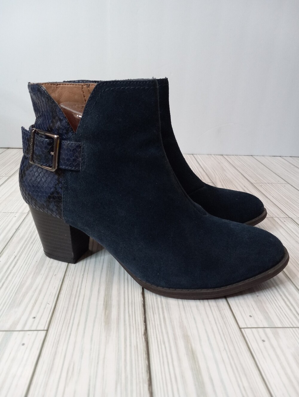 Vionic Naomi Women's Blue Leather Suede Snake Print Ankle Booties
